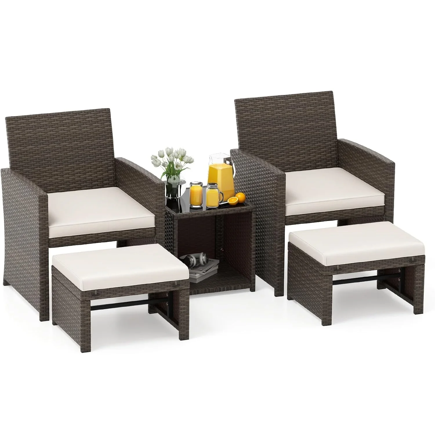 Rattan-Gartenmöbel-Set, Balkonmöbel, Balkon-Set inklusive 2 Stühlen mit Kissen, Hocker und Tisch