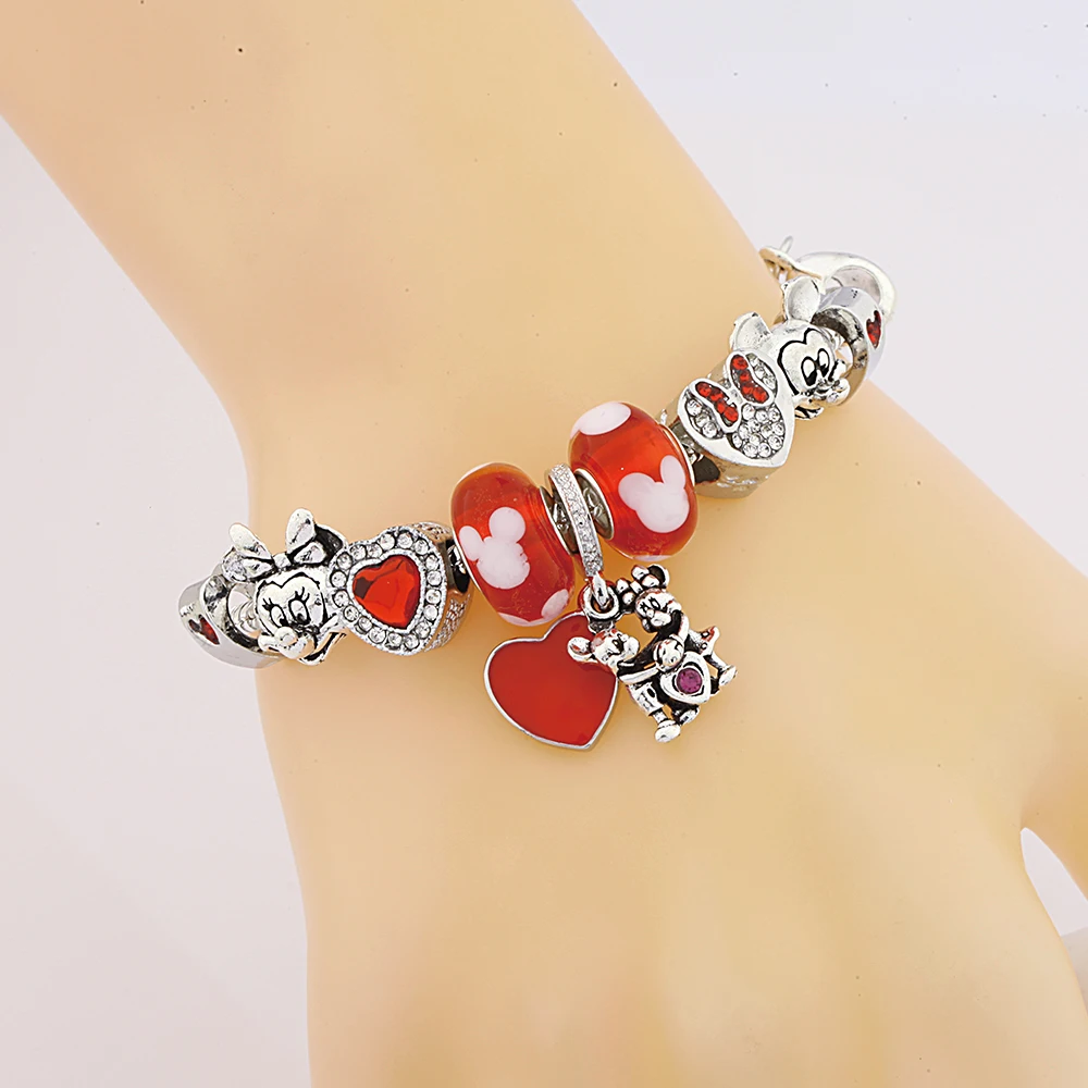 Disney Roter Kristall Mickey Minnie Perlenarmband Romantische Rote Emaille Herz Cartoon Paare Anhänger Charm Schmuck für Mode Geschenk Image