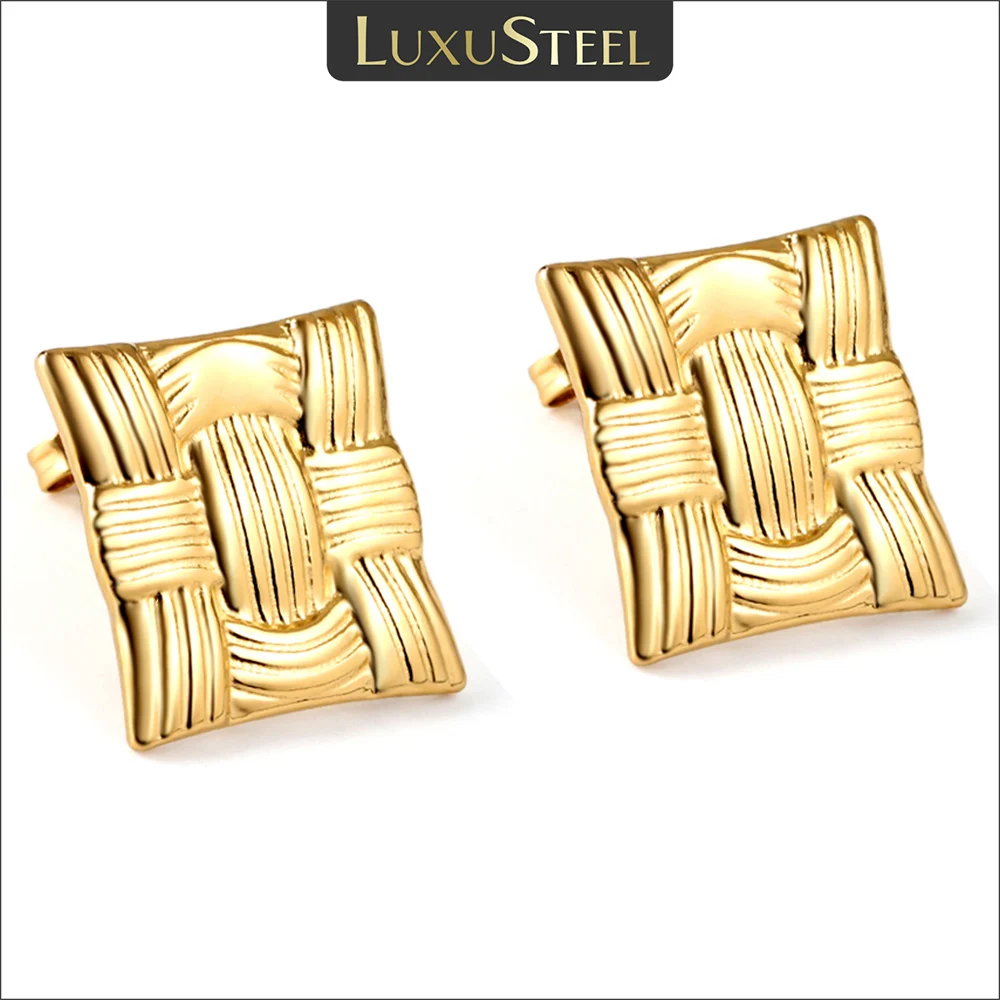 LUXUSTEEL Platz Stricken Textur Stud Ohrringe Für Frauen Mädchen Edelstahl Geflochtene Geometrische Koreanische Party Ohr Schmuck Geschenke Image