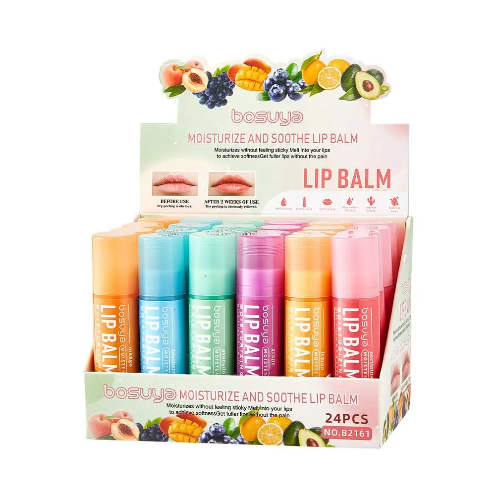 24-teiliges Lippenbalsam-Set mit Fruchtgeschmack, feuchtigkeitsspendender, feuchtigkeitsspendender Lippenbalsam, Pflege, verhindert Rissbildung, reduziert feine Linien, Lippenbalsam-Hautpflege Image