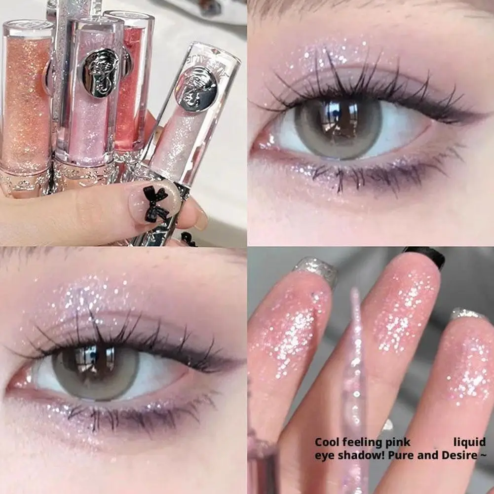 Funkelnder, glitzernder, flüssiger Lidschatten, perlmuttartige Pailletten, perlmuttartiger, funkelnder Hochglanz-Eyeliner, helles, liegendes Seidenraupen-Make-up Image