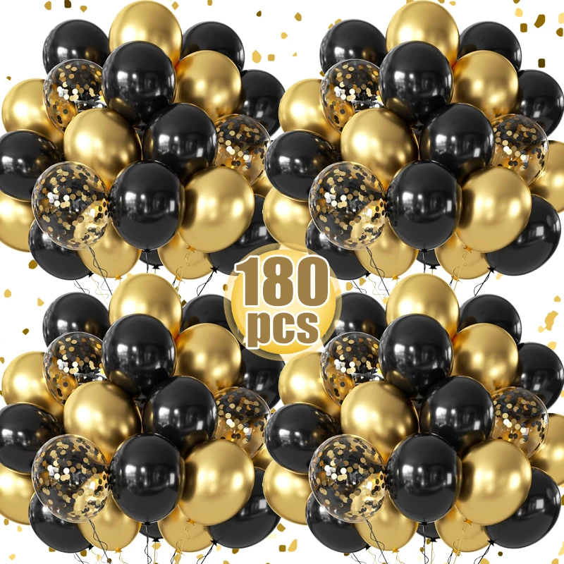 180/15 Stück Latex-Luftballons, glänzende Pailletten, Schwarzgold, aufblasbarer Ballon für Hochzeit, Party, Geburtstag, Weihnachten, Heimdekoration Image