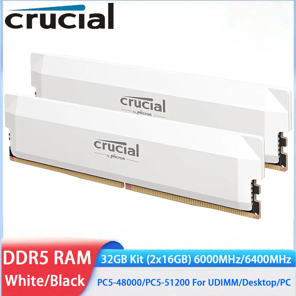 Crucial Memoria DDR5 Desktop-RAM 32 GB Kit 2 x 16 GB 6000 MHz 6400 MHz PC5-48000 PC5-51200 288 Pins UDIMM PC-Speicher für Intel und AMD DIMM Image