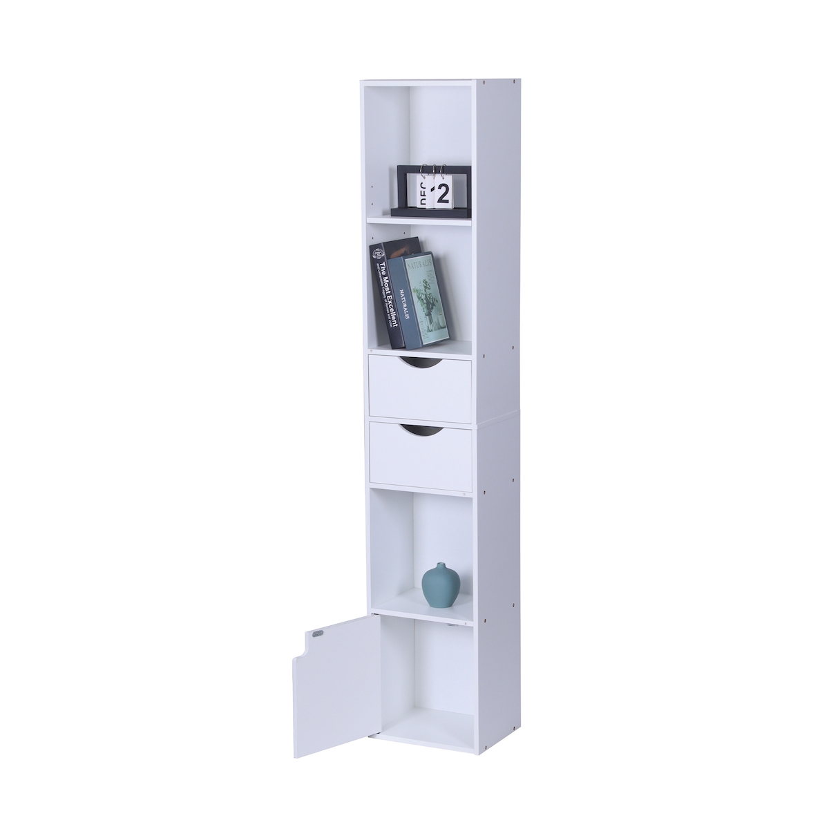 Relaxdays Bücherregal, 3 Fächer, 2 Schubladen, 1 Schrankfach, Wohnzimmer & Büro, HBT: 158 x 30 x 24 cm, Standregal, weiß Image