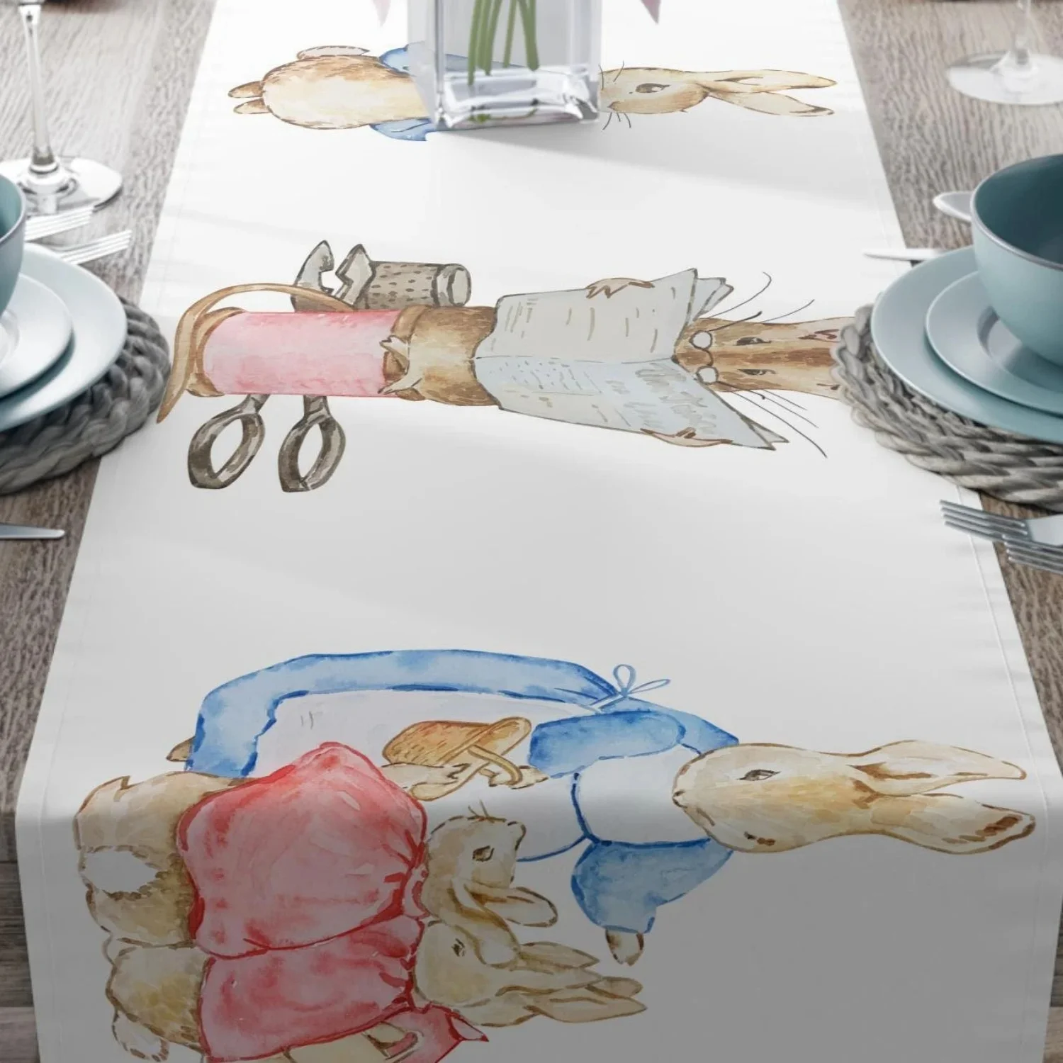 Peter Rabbit Beatrix Potter Tischläufer, Frühlings-Party-Dekoration, Baumwoll-Poly-Tuch für Tisch, Babyparty, Ostern, Essen Image