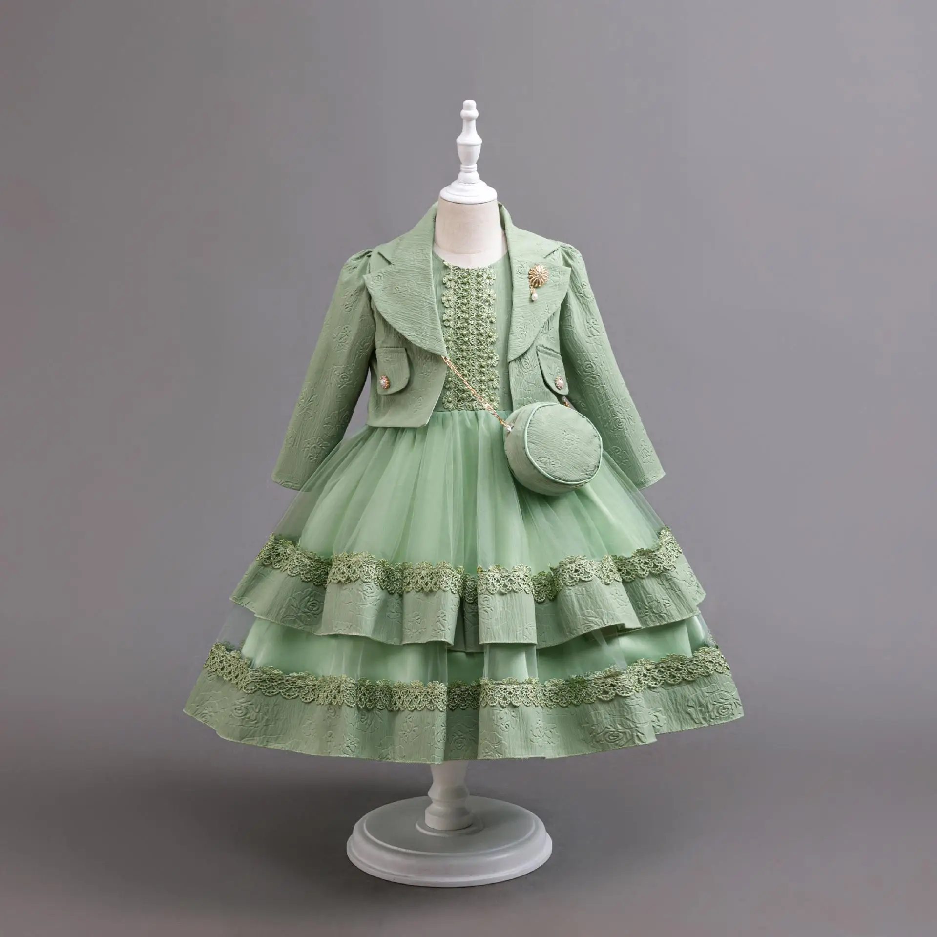 HETISO Grünes Baby Mädchen Prinzessin Kleid mit Mantel Tasche Herbst Winter Kinder Party Kleidung Elegantes Mädchen Kinder Perlen Outfit Image