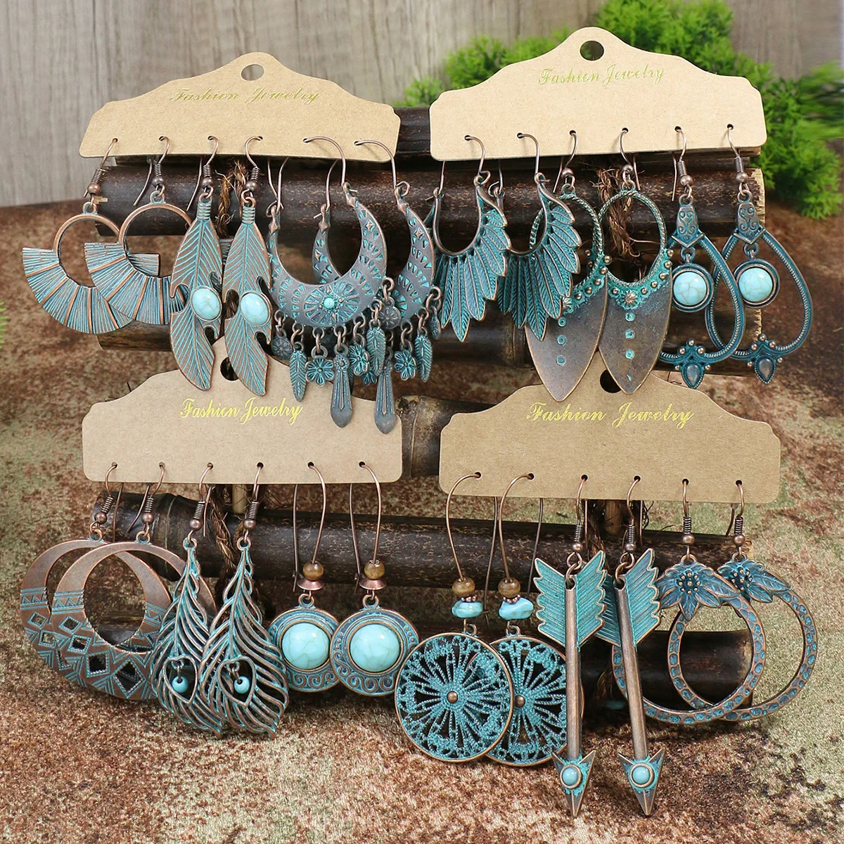 Ethnische Bronze Silber Farbe Ohrringe Sets Schmuck Lange Metall Quaste Baumelnde Ohrringe für Frauen Blatt Blumen Geometrische Ohrring Image