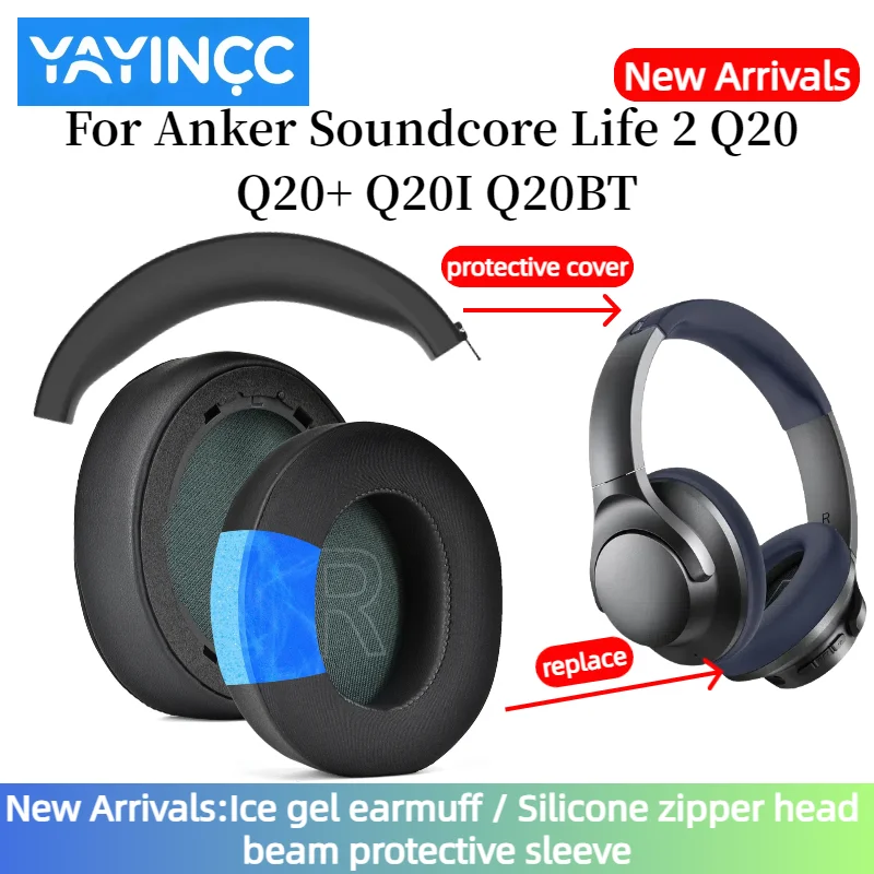 YAYINCC Ersatz-Ohrpolster aus Mesh/Eisgel/Leder mit Schnalle für Anker Soundcore Life Q20 Q20+ Q20I Q20BT Headset Image