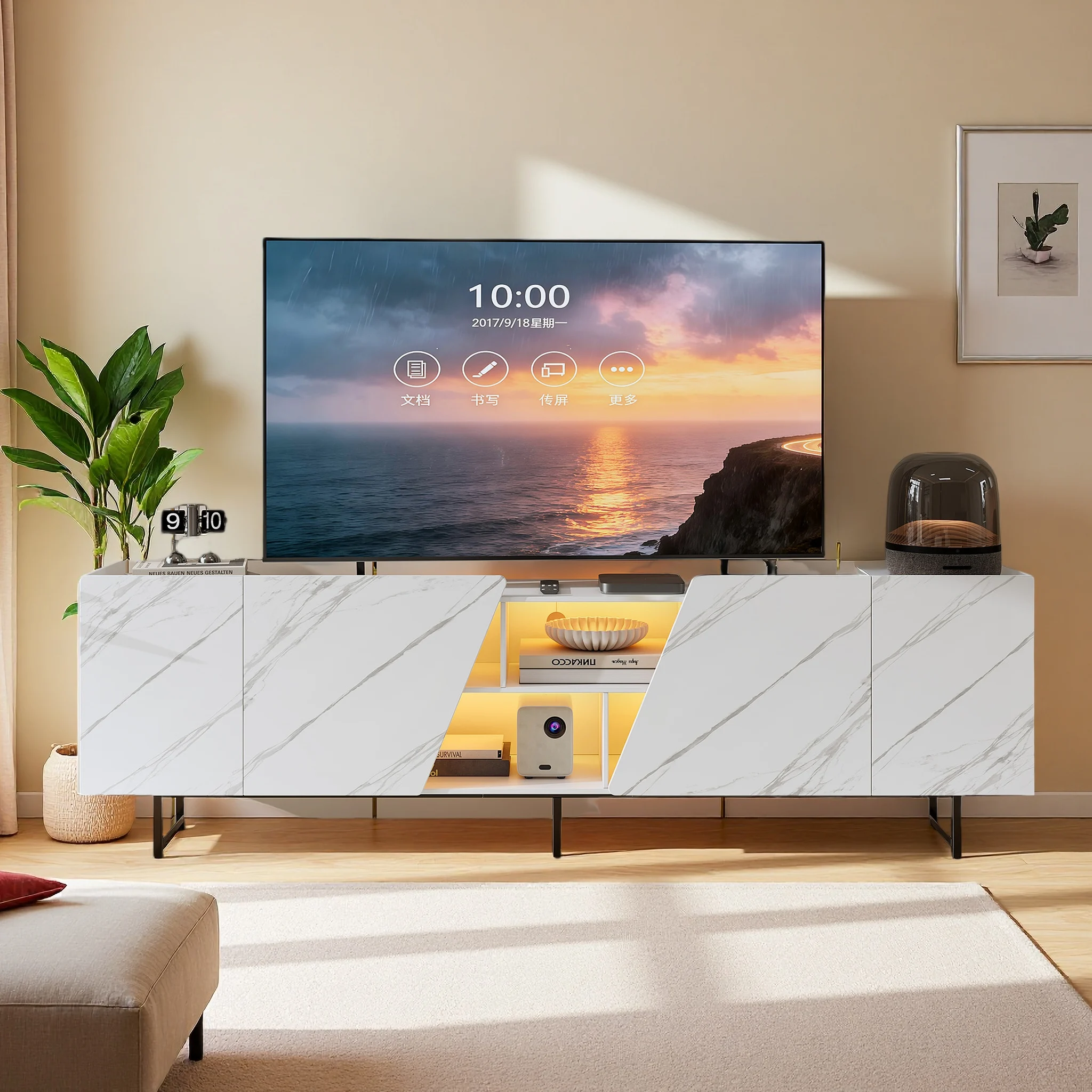 Meuble TV 220 cm avec LED, Meuble Télé avec 4 Portes et Grand Rangement Fermé, Buffet TV Bas sur Pied, Support TV Moderne, Console TV pour Salon, Chambre, Appartement, Meuble de Rangement pour