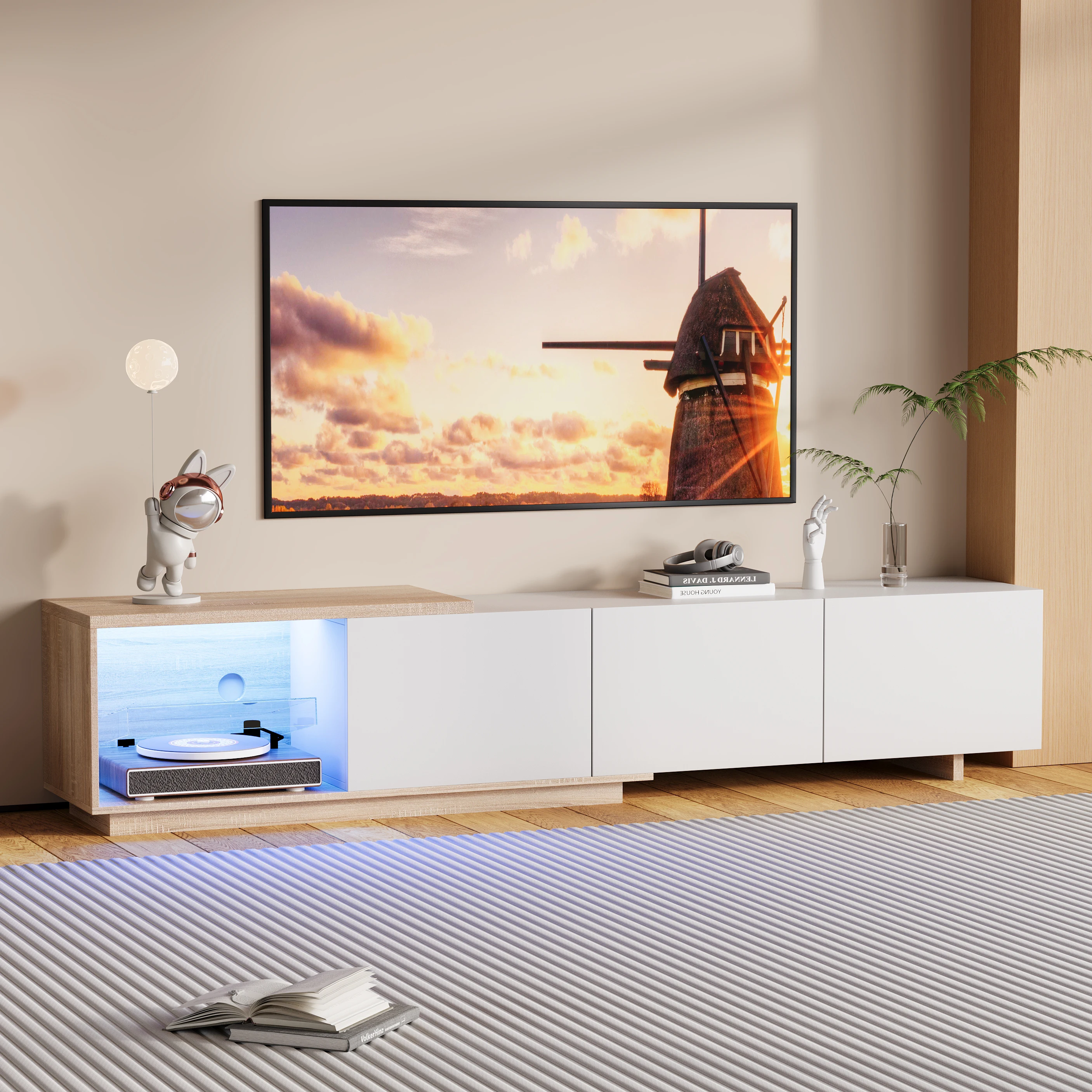 Meuble TV LED Superaly 163-240×38×44cm, meuble TV avec 3 tiroirs et étagère en verre, meuble TV bas pour salon, chambre à coucher