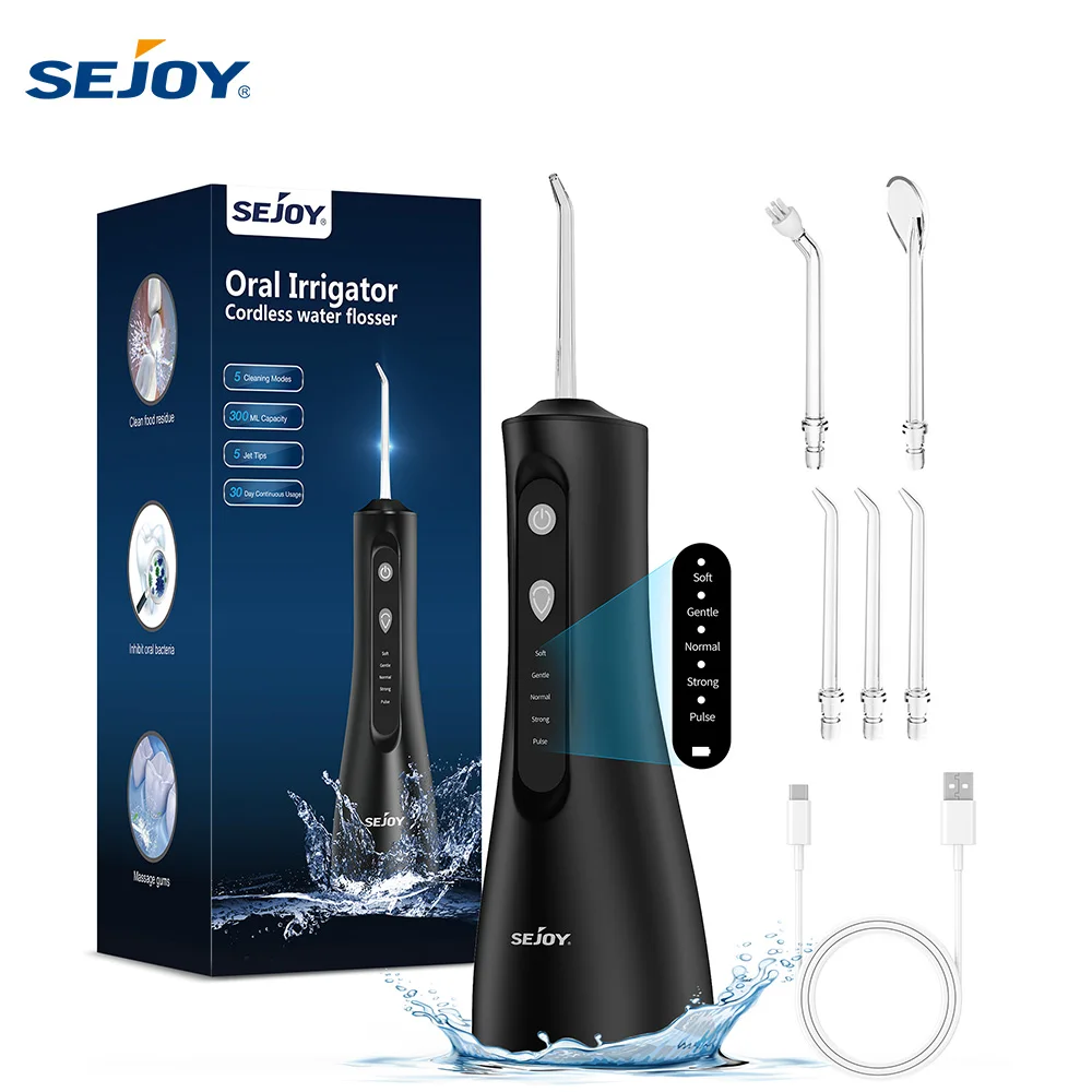 Kit per la Cura Dentale Sejoy, Irrigatore Orale Ricaricabile, Idropulsore con 5 Modalità, Serbatoio da 300ML, Pulitore Dentale Impermeabile