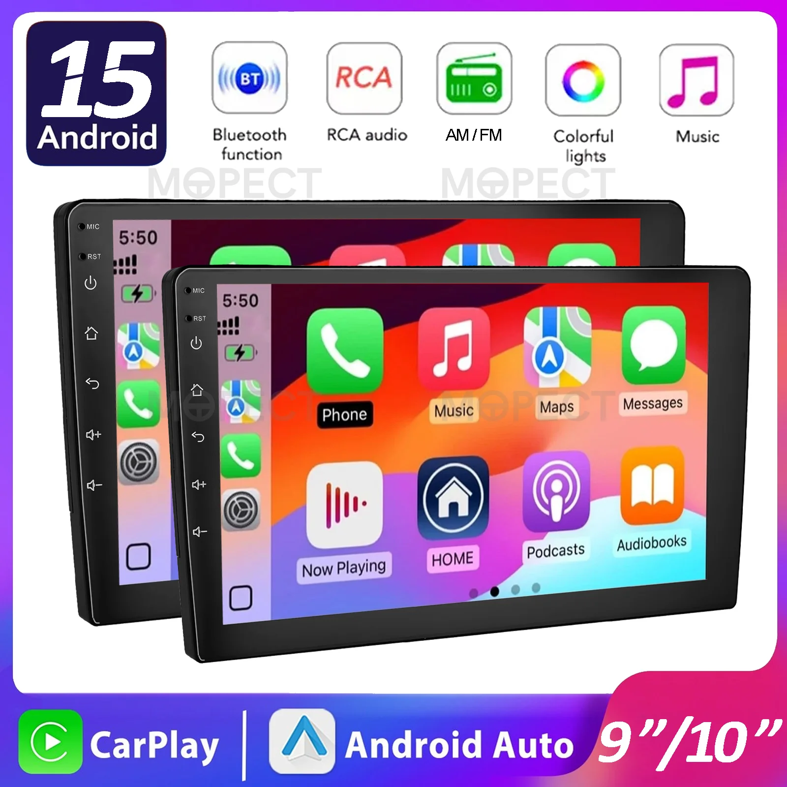 Autoradio Android MOPECT 2 Din, autoradio con Carplay wireless, lettore multimediale universale da 7/9/10 pollici, stereo per auto 4 + 64G, GPS, Wi-Fi