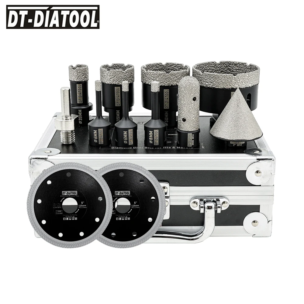 DT-DIATOOL Kit Fori per Piastrelle 12 Pezzi - Set Punte da Trapano con Filettatura M14 per Foratura di Piastrelle in Porcellana, Ceramica, Marmo, Granito, 2 Dischi da 125mm