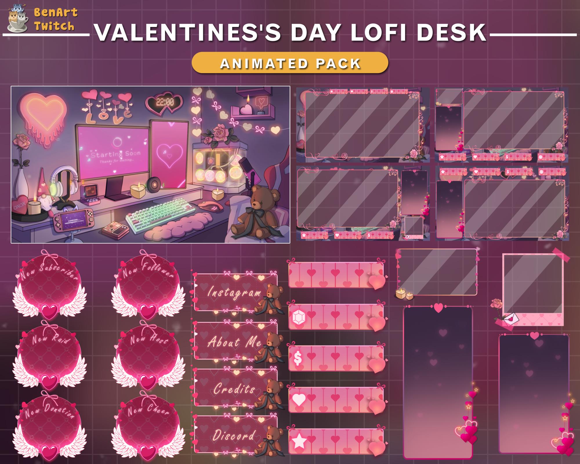 Pacchetto streaming animato Sala PC di San Valentino, Overlay streaming sala giochi Lo-fi, Overlay Twitch Love