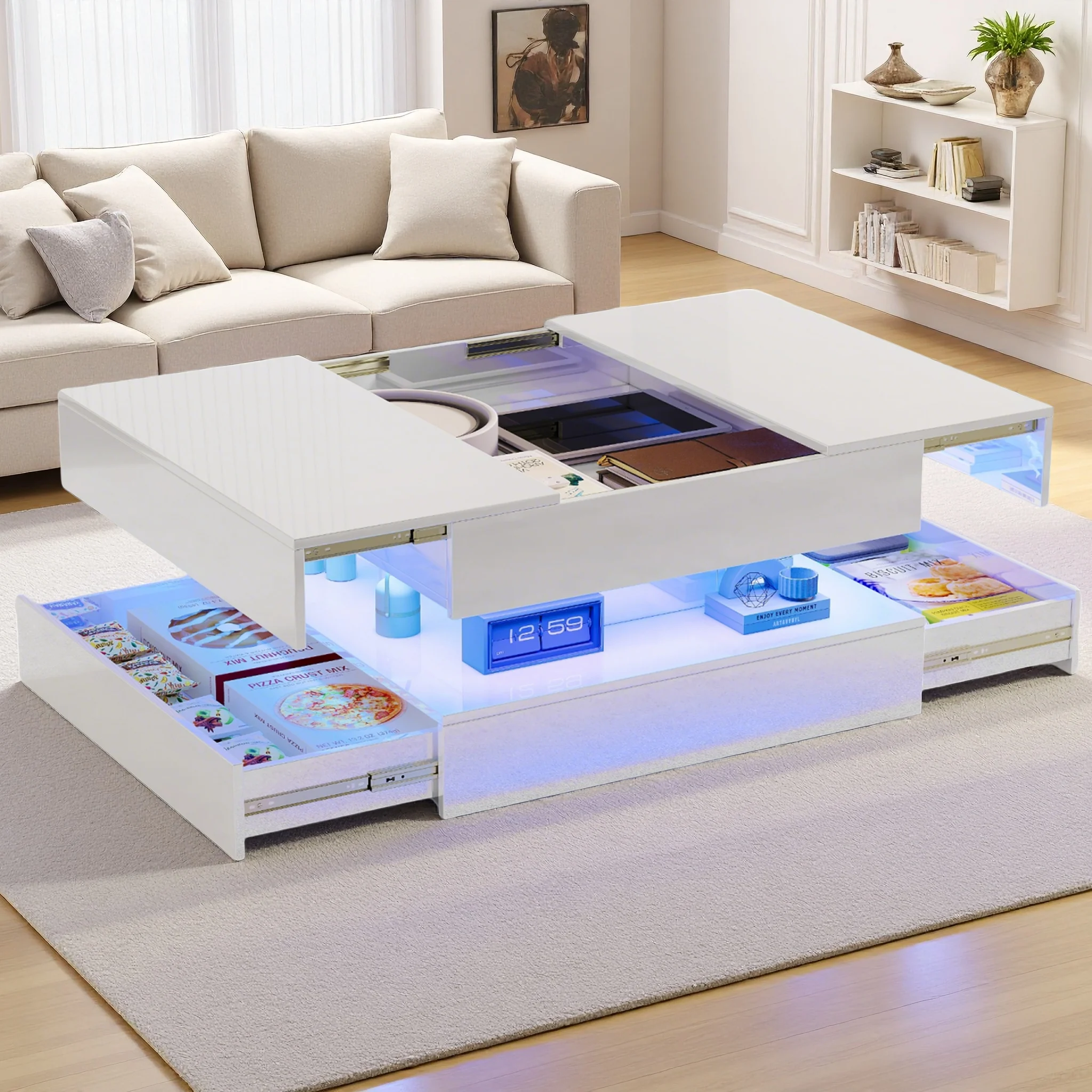 Hochglanzlackierter Couchtisch mit integriertem Stauraum, quadratischer Couchtisch mit LED-Beleuchtung, Wohnzimmertisch mit 2 Schubladen, Beistelltisch, Teetisch, für Wohnzimmer, Büro, 78 x 78 x 43 cm