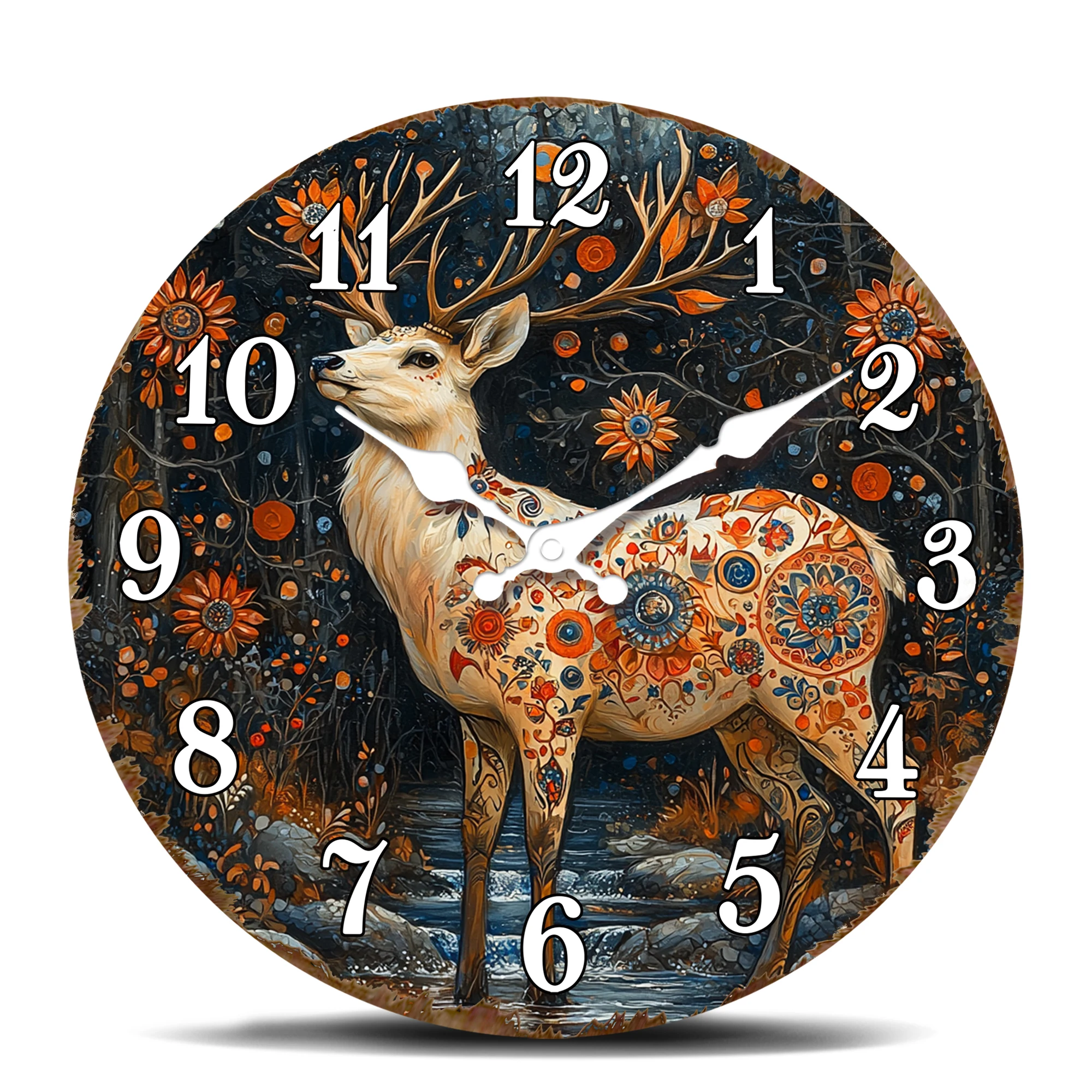 Verzierte Wanduhr mit Hirsch im Wald bei Nacht – Künstlerische, runde, geräuschlose, dekorative Uhr, die jedem Raum eine Mysterium und ein besonderes Flair verleiht Image