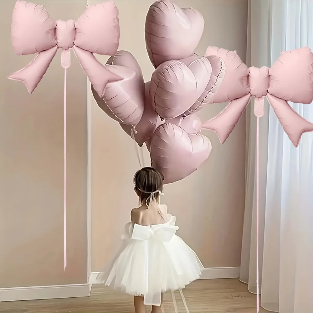 7-teiliges herzförmiges Ballon- und Schleifen-Set in Rosa und Weiß – perfekt für Hochzeiten, Geburtstage, Valentinstagsfeiern Image