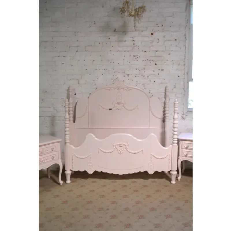 Französisches Landhaus-Stil Massivholzbett Mädchen Europäischer Stil Einfaches Prinzessinnenbett Amerikanisches Geschnitztes Vintage Distressed Rosa Doppelbett Image