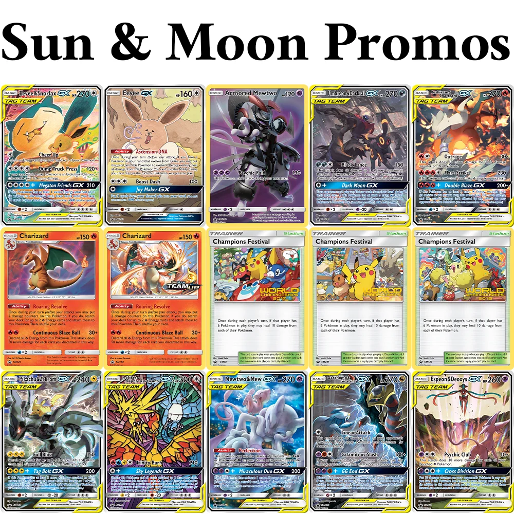 PKM Sun & Moon Promos (SMP) holografische Proxy-Spielkarten Champions Festival Armored Mewtwo Mewtwo & Mew Pikachu & Zekrom/GX Spielzeug Image
