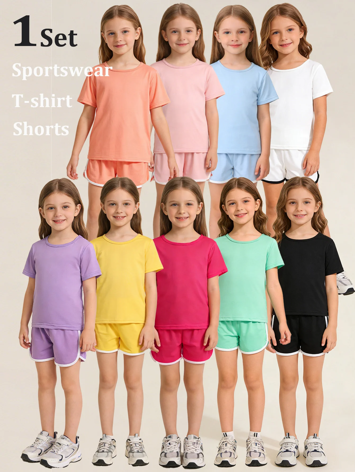 1 Set Mädchen Einfarbiges Kurzarm-T-Shirt & Shorts Sportbekleidungsset, Weiches Sommeroutfit Geeignet für Kinder im Alter von 2-10 Jahren Tägliche Kleidung Image