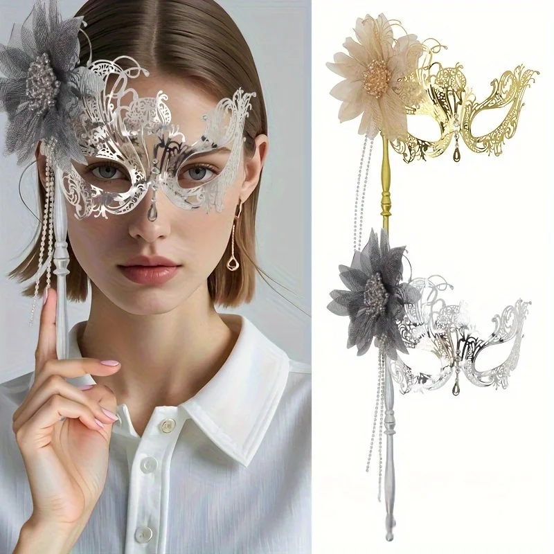 1 Stück verstellbare Handmaskerademaske mit Quaste, Blumendekor für Frauen, Halloween, Karneval, Partys Image