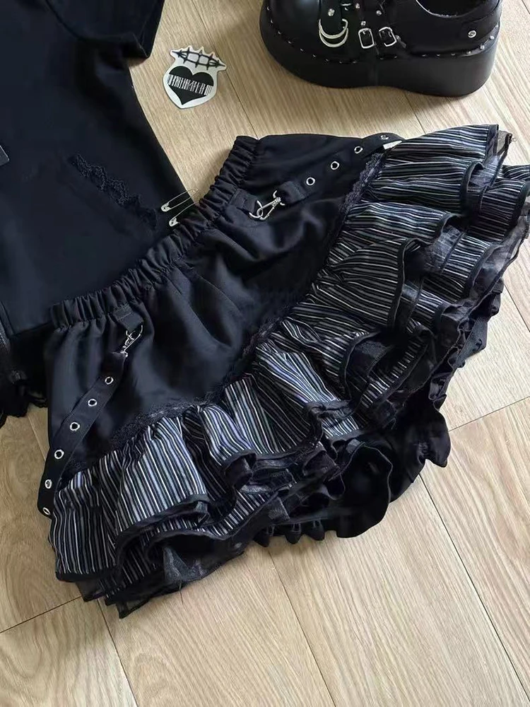 Gothic Patchwork Miniröcke für Damen, Y2K Japanischer gestreifter Patchwork-Tüllrock, High Waist Sweet Lolita Preppy Tutu-Rock