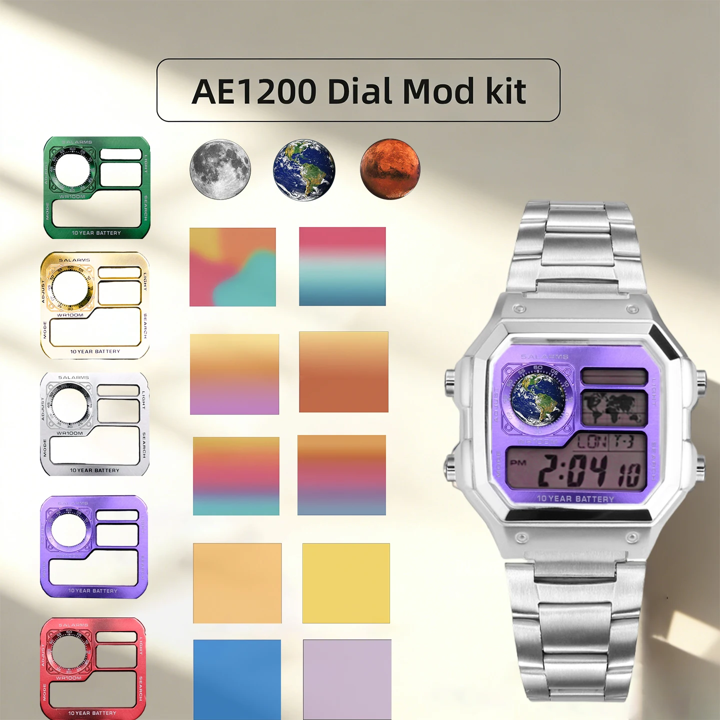 AE1200 All-in-One-Mod-Kit für Casio 3229 AE-1200, Metalloberfläche, Edelstahlgehäuse, 1200 DIY-Farbwechselfolien, runde Aufkleber Image