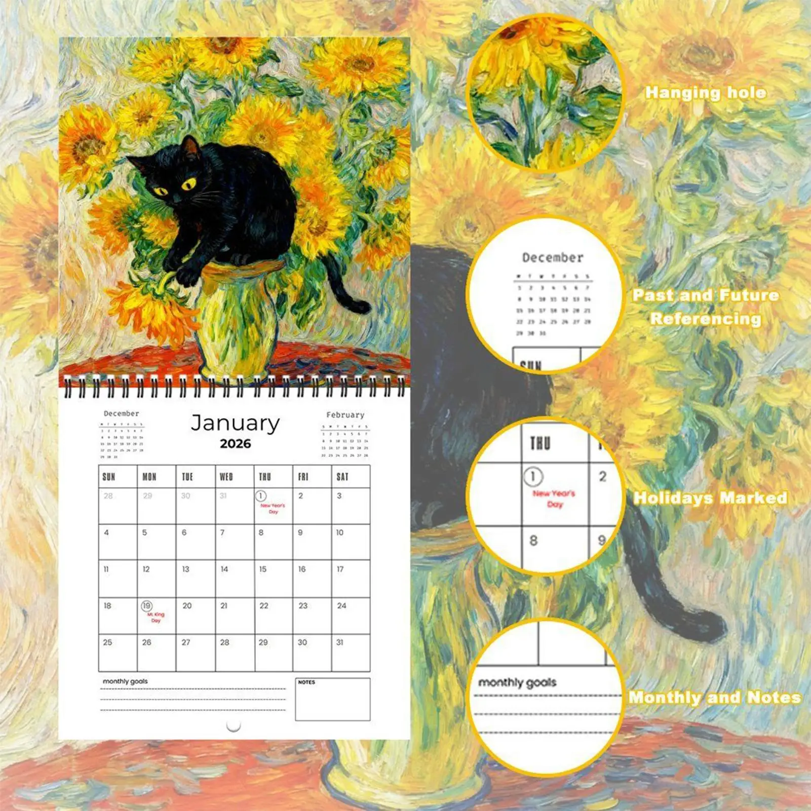 Lustiger Katzen-Wandkalender 2026, Januar bis Dezember 2026, Planungswerkzeug, Monatskalender für Zuhause, Wohnzimmer, Arbeitszimmer, Büro, Klassenzimmer Image