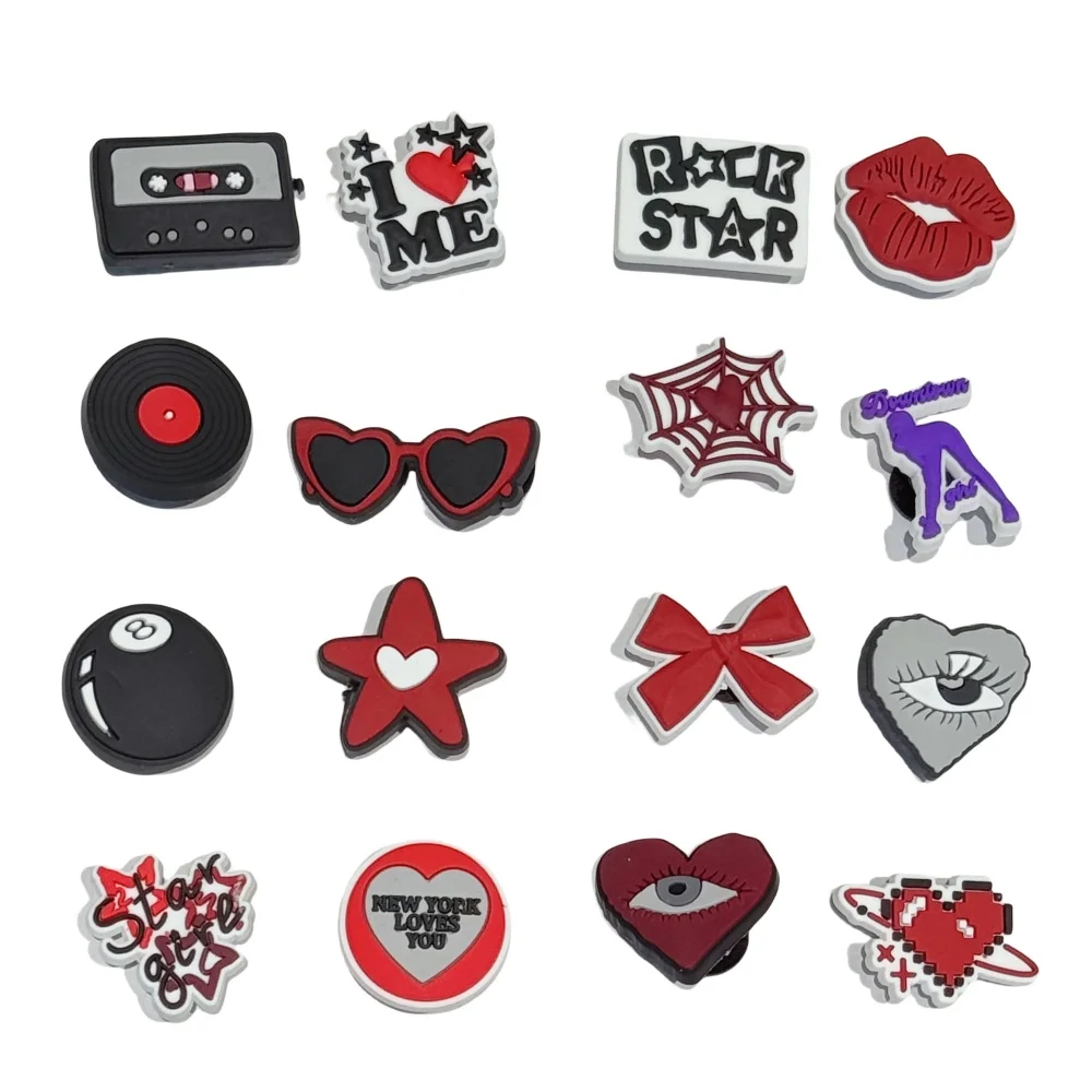 16 Stücke Liebe Lippen Bogen Gläser Herz Rock Star PVC Schuh Charms Garten Schuhe Knopf Dekorationen Sandalen Zubehör Urlaub Geschenk
