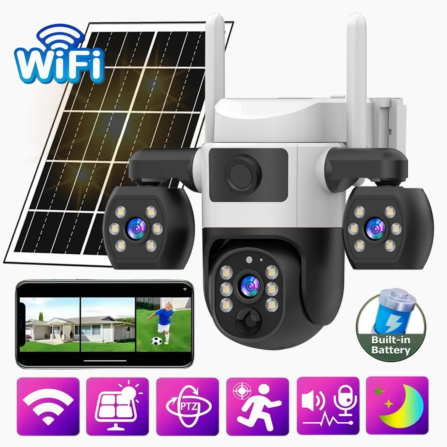 WLAN-Solarkamera mit drei Objektiven für den Außenbereich, 15MP 8K HD, batteriebetrieben, IP-Kamera mit PIR-Nachtsicht, V380 Pro CCTV-Sicherheitsschutz Image