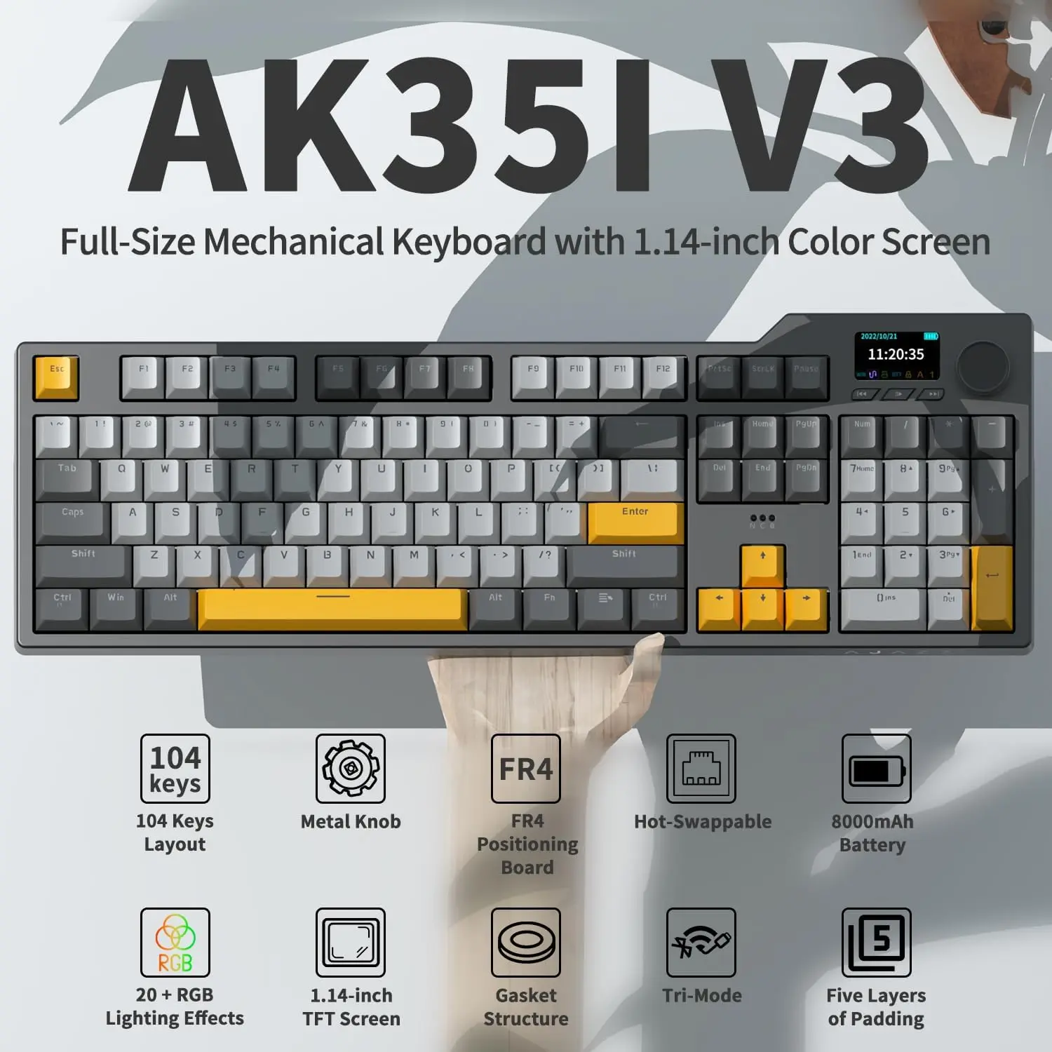 Ajazz AK35I V3 MAX 8000mAh Akku Gaming-Mechanische Tastatur Tri-Modus Kabelgebunden Bluetooth Kabellos Hot-Swap-fähig TFT-Farbdisplay Image