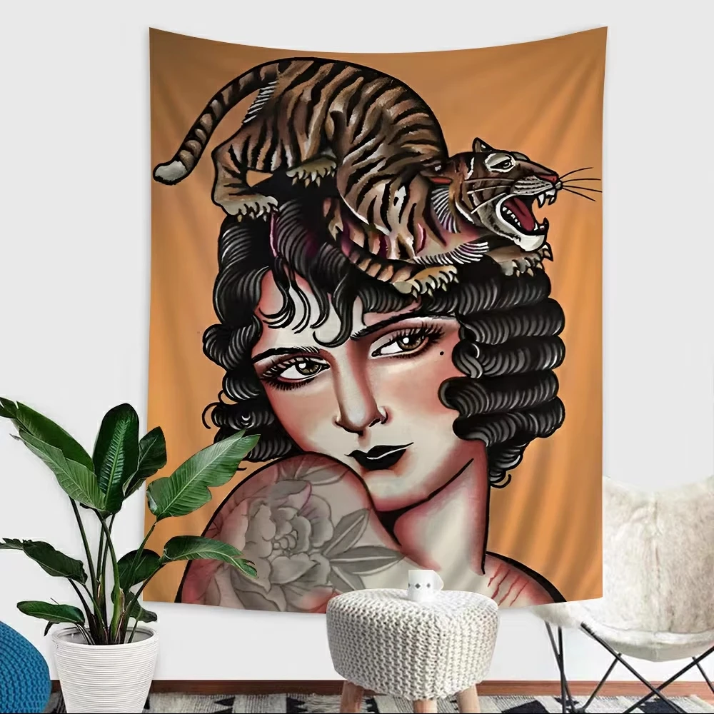 VIKAMA Wild Tiger Wandteppich, Vintage-Tattoo, Frau, leben mit Tieren, lichtbeständig, Wohnzimmer, Schlafzimmer, dekorativer Wandteppich Image