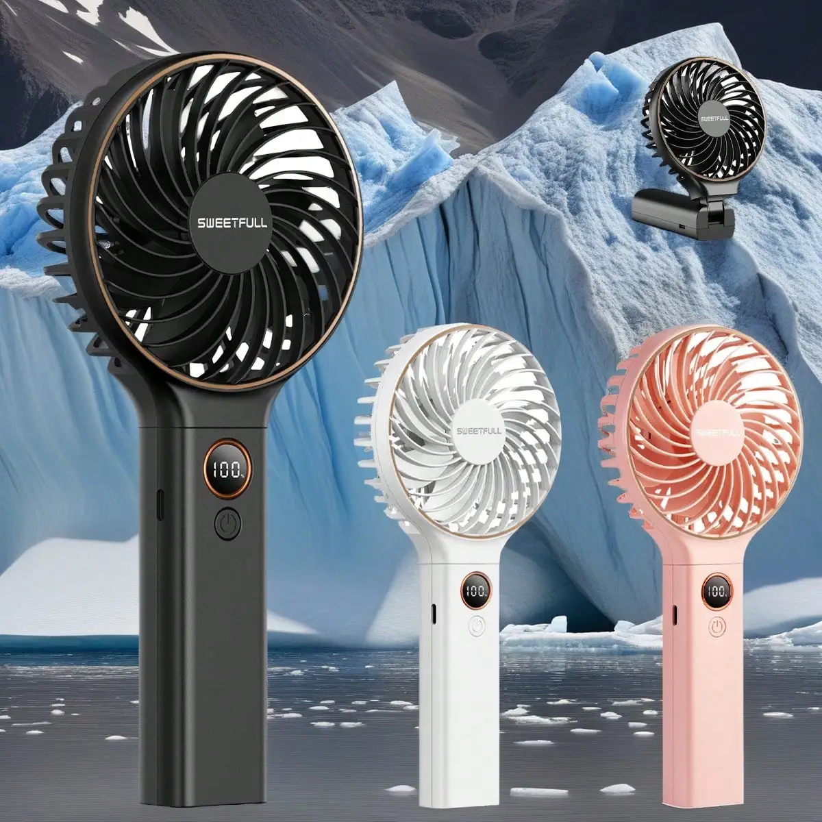 Handventilator, faltbar, tragbar, Tischventilator mit Display, USB-wiederaufladbar, 6 Geschwindigkeiten, Datenanzeige Image