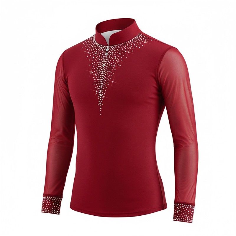 Figure Skating Fleece Jacket Figure Skating Top Men's Ice Skating Tops Red Patchwork Stretchy Training Competition Skating Wear Classic Crystal / Rhinestone Long Sleeve Ice Skating Figure Skating