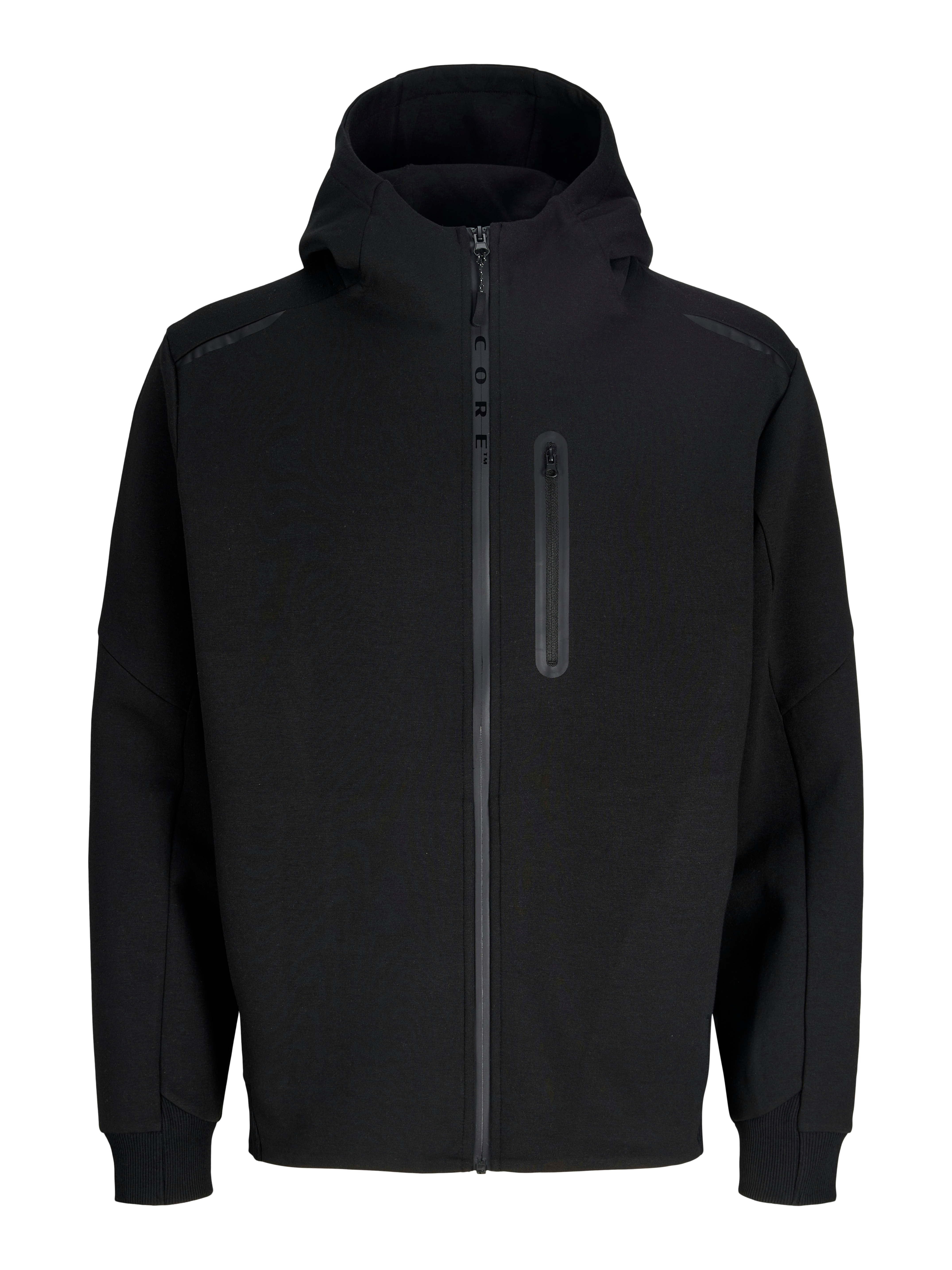 Kapuzensweatshirt JACK & JONES "JCOFUSION FULL ZIP SWEAT HOOD", Herren, Gr. M, schwarz, angeraute Sweatware, Obermaterial: 72% Polyester, 28% Baumwolle, unifarben, regular fit normal, hoch geschlossener Ausschnitt, Sweatshirts