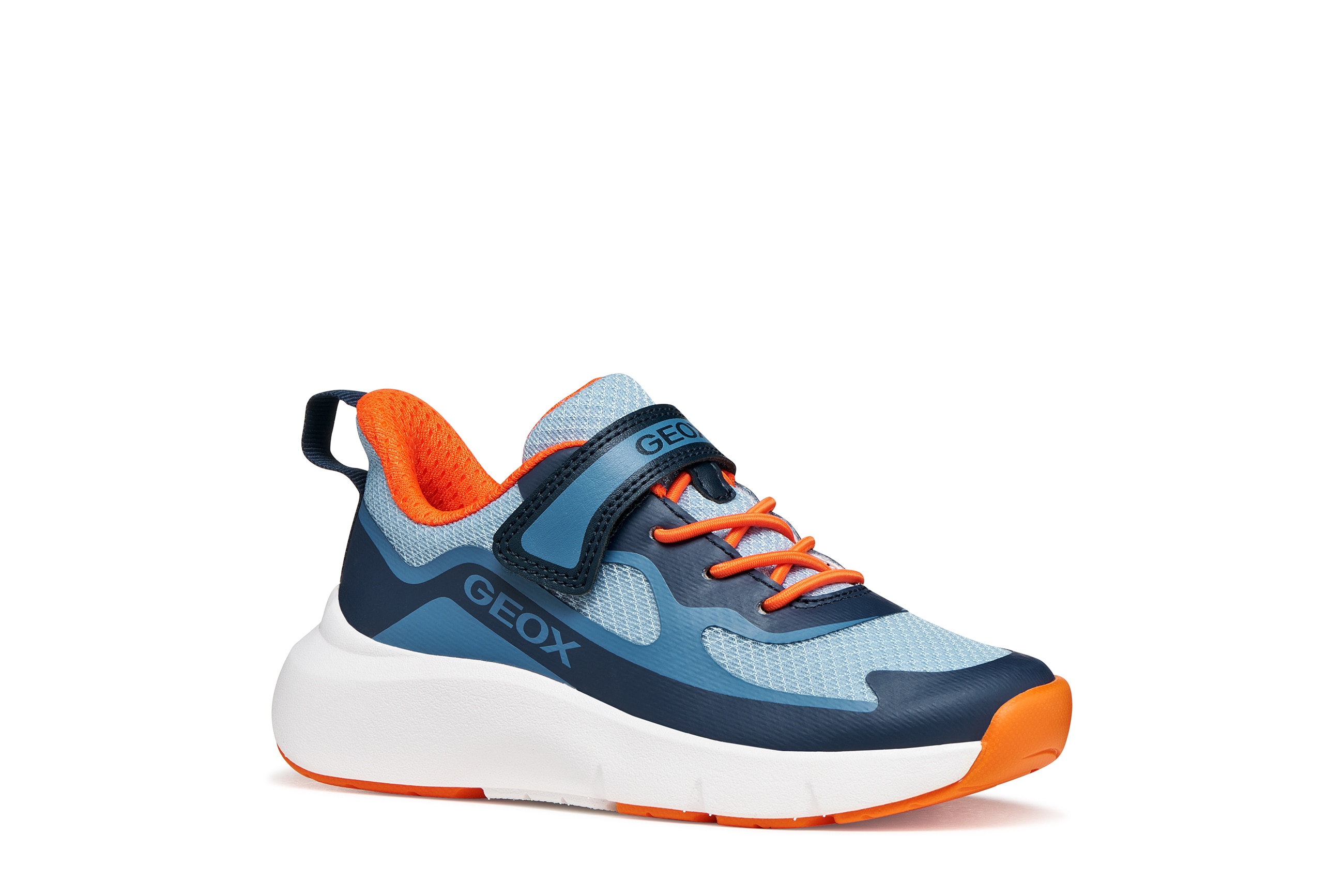 Sneaker GEOX "J PRO-RAN BOY", Damen, Gr. 36, navy, orange, Lederimitat, Textil, Schuhe Sneaker, Slipper mit elastischen Schnürsenkeln, Größenschablone zum Download