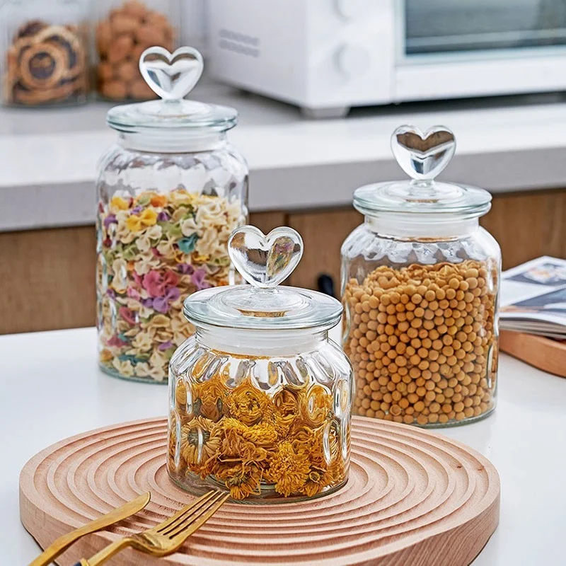 Barattolo di vetro sigillato moderno a forma di cuore Barattolo di chicchi di caffè per condimenti da cucina Barattolo di vetro trasparente Contenitore di vetro per alimenti per caramelle