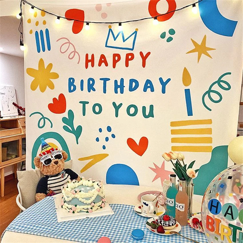 Alles Gute zum Geburtstag Hintergrund Wandteppich Kawaii Kinderzimmer Wanddekoration Fotografie Hintergrund Cartoon Familie Party Dekoration Image