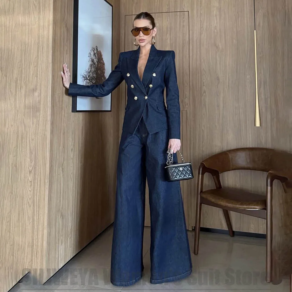 Completo da Donna in Denim con Blazer Doppiopetto a Risvolto e Pantaloni a Gamba Larga, Set Elegante e Casual da Donna in Due Pezzi