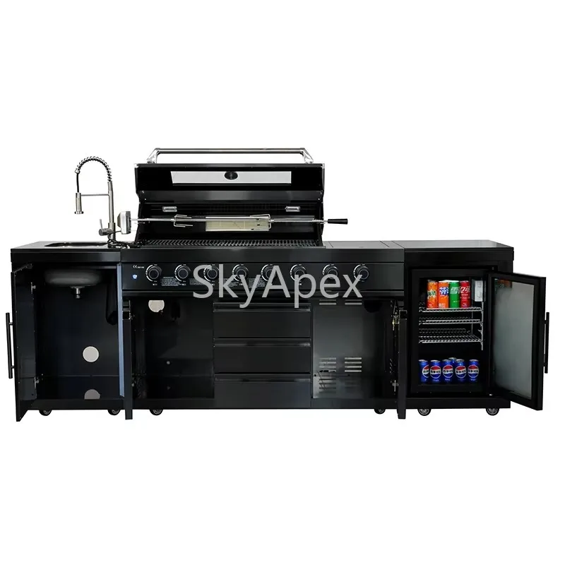 Hohe Qualität SS304 Schwarz Outdoor Küche 68L Kühlschrank Waschbecken 6-Brenner BBQ Gas Grill Wasserdicht Rostschutz Hinterhof Terrasse Kochen Image