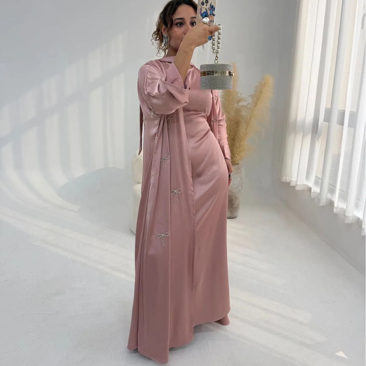 Dubai Damenkleid Abaya-Kleid Satin-Diamant 2-teiliges Set Eid-Cardigan Muslimische Jalabiya Ramadan Islam Party Arabisches Langes Gewand Marokko Image