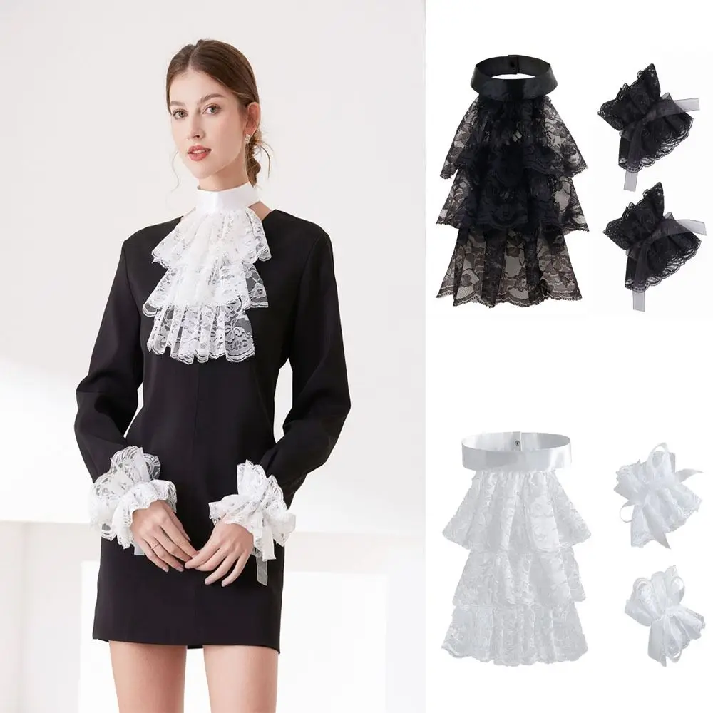 Vintage viktorianischer Spitzen-Jabot-Kragen, abnehmbarer einfarbiger gefälschter Kragen, gekräuselter Halskragen, Bühnenkostüm-Zubehör Image