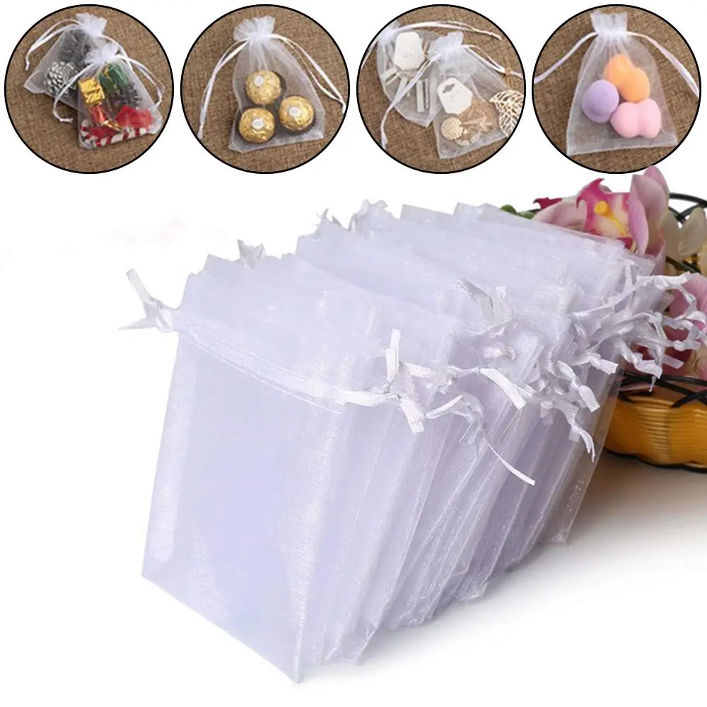 25 Stück ausziehbare Party-Versorgung, Weihnachtsgeschenk, Schmuckverpackung, weiße Beutel, Tasche mit Kordelzug, Organza-Gaze-Beutel, Geschenktüten Image