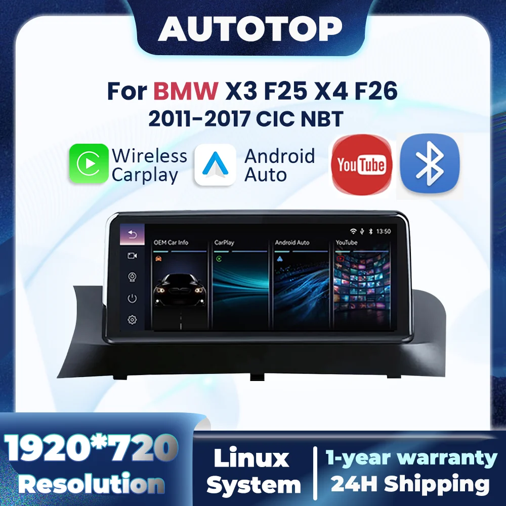 Lettore Multimediale per Auto con CarPlay Wireless e Android Auto per BMW X3 F25 X4 F26 2011-2017 CIC NBT, con YouTube, BT, GPS, Radio e Navigazione