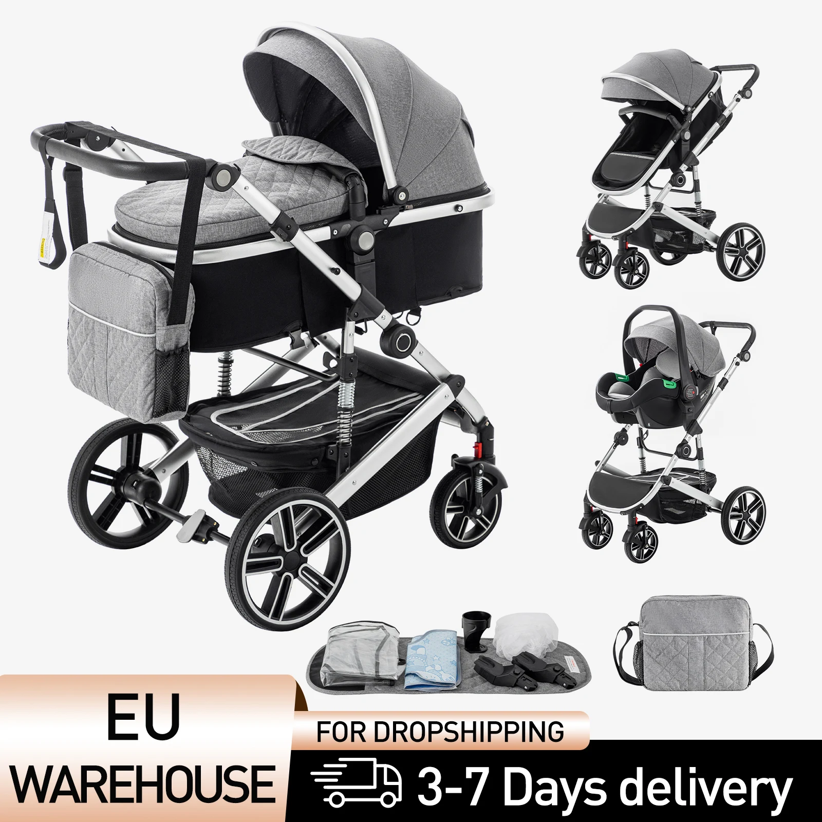 3-in-1 Kinderwagen mit Hoher Liegeposition, Faltbarer Luxus-Reisekinderwagen mit Aluminiumrahmen für Neugeborene und Säuglinge Image