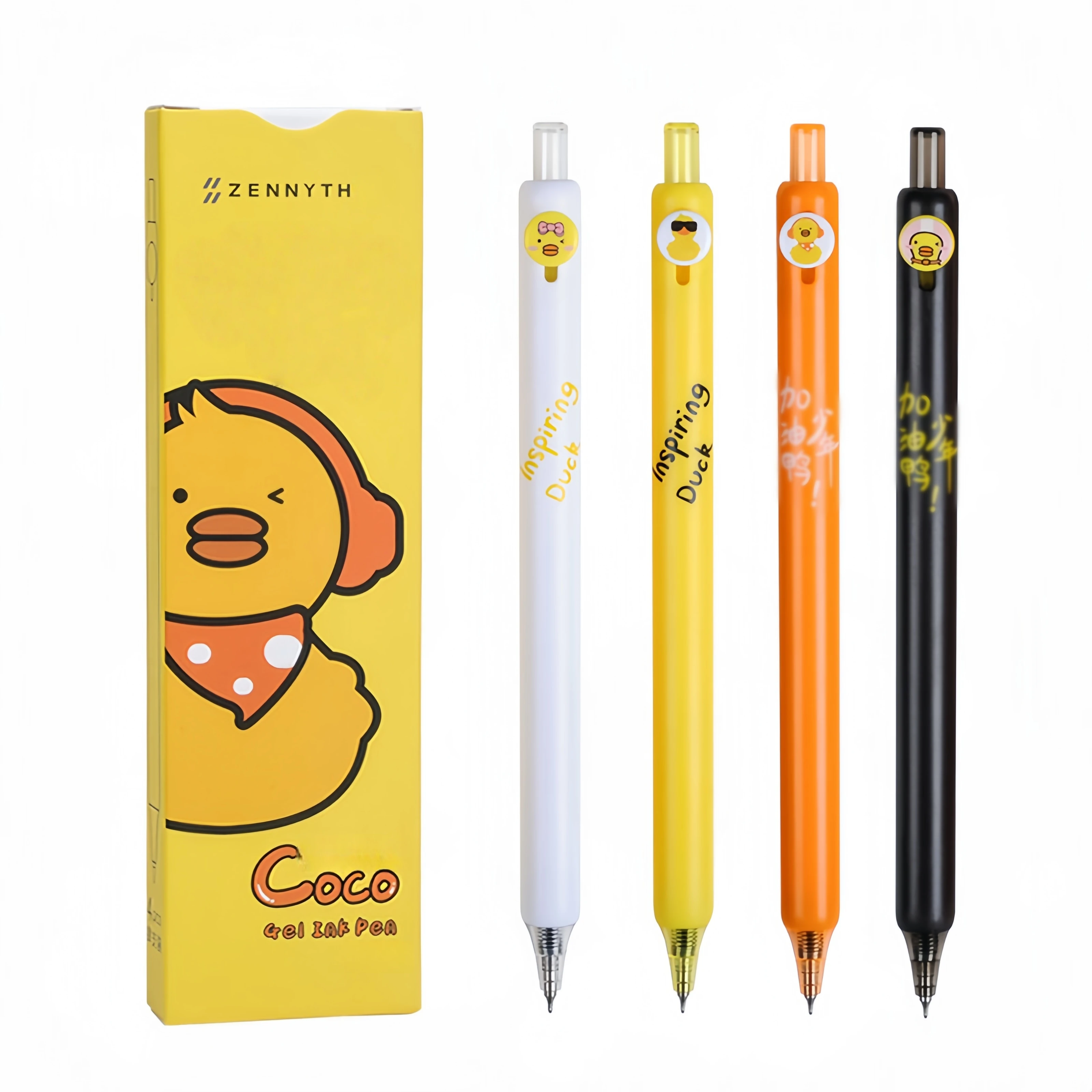 1 Satz 4 Knopf-Gelstifte der Little Yellow Duck-Serie, niedliche Gelstifte, schwarze Tinte mit 0,5 mm feiner Spitze, hochwertige Gelstifte, kann als Geschenk gegeben werden Image
