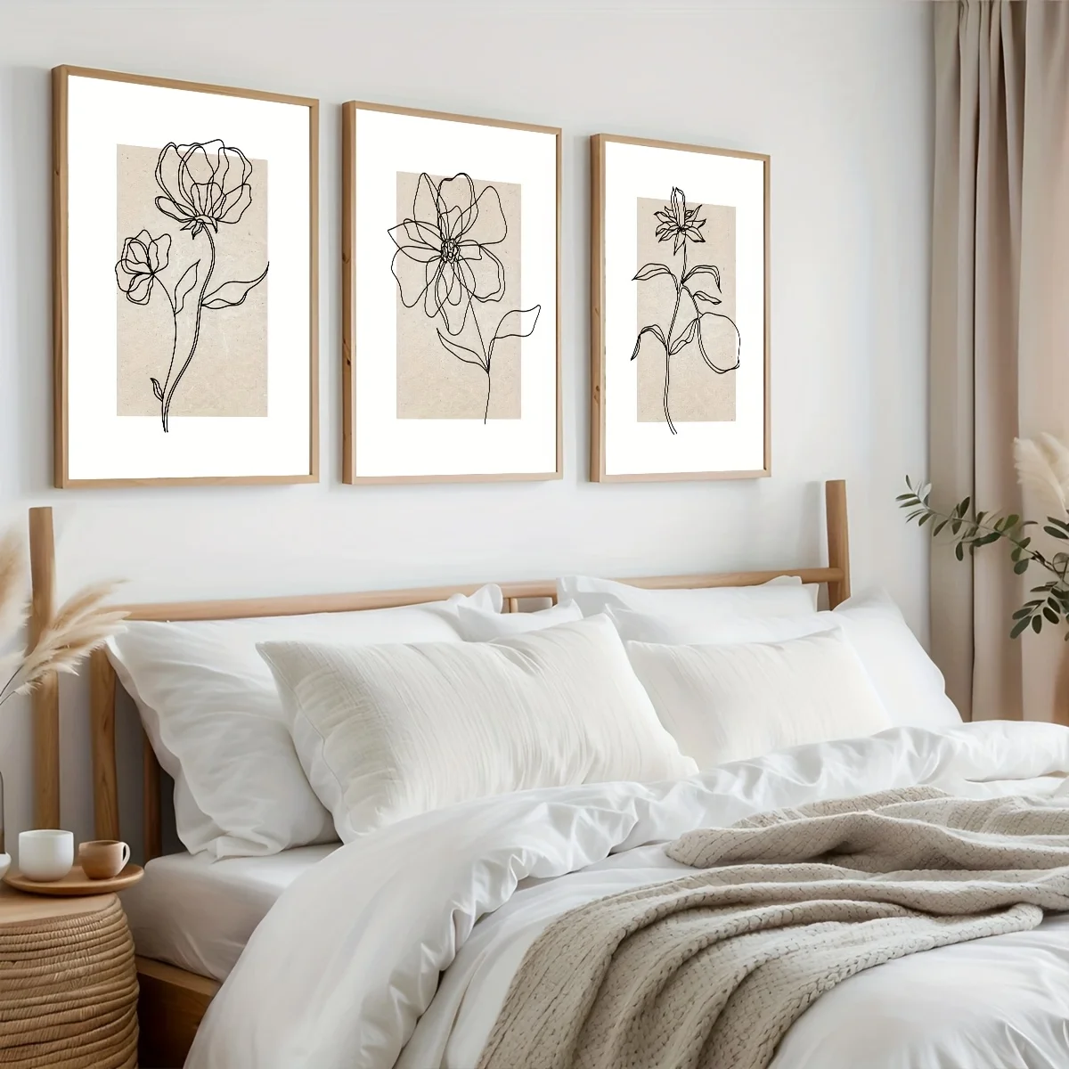 Set aus 3 Beigen Botanischen Linienkunst-Postern - Boho Moderne Minimalistische Blumengemälde, Neutrale Wanddekoration für Zuhause & Büro, Gerahmt Image