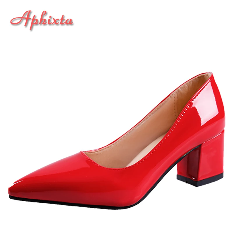 Aphixta 5 cm Quadratische Absätze Lackleder Rote Pumps Schuhe Frau Klassiker Spitzschuh Kleid Offizielle Pumps Party Plus Größe 49 50