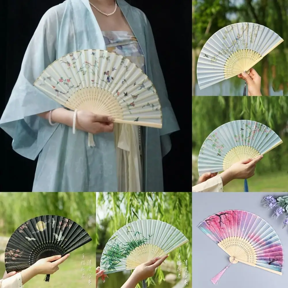 1pc Bambus chinesische japanische Falt fächer Quaste elegante weibliche Fan Seide Falt fächer Vintage Hand Fan Schaft klassischen Tanz Fan