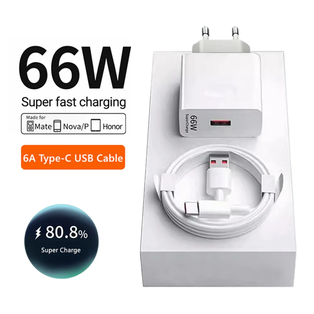 66W EU/US-Stecker USB-Ladegerät Schnelles Laden QC3.0 Wandladegerät 6A USB-Typ-C-Kabel für Huawei Mate 60 50 P60 P50 Nova 15 Honor 100 Image